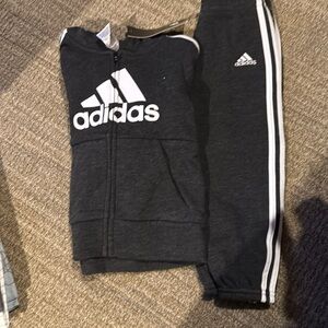 NWT Adidas Kids Charcoal Hoodie and Pants with White Stripes